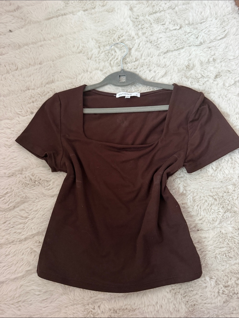Aritzia Dark Brown Square Neck Short Sleeve Top
